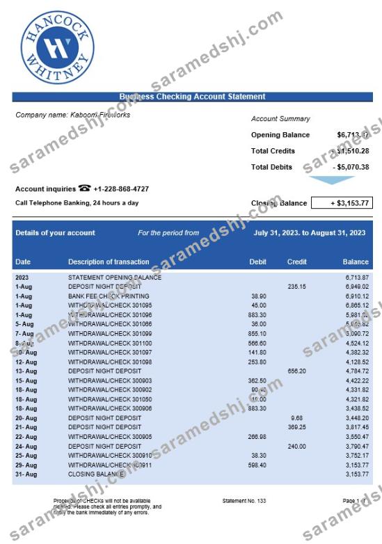 Hancock Whitney Bank business checking account statement Word and PDF template